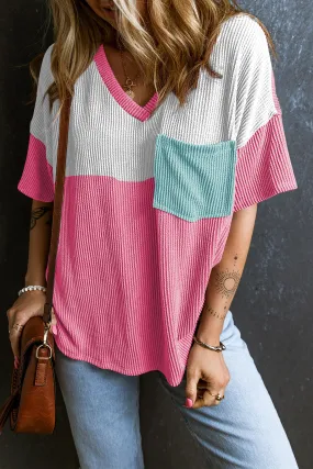 Rose Red Color Block Patch Pocket Corded V Neck Tee