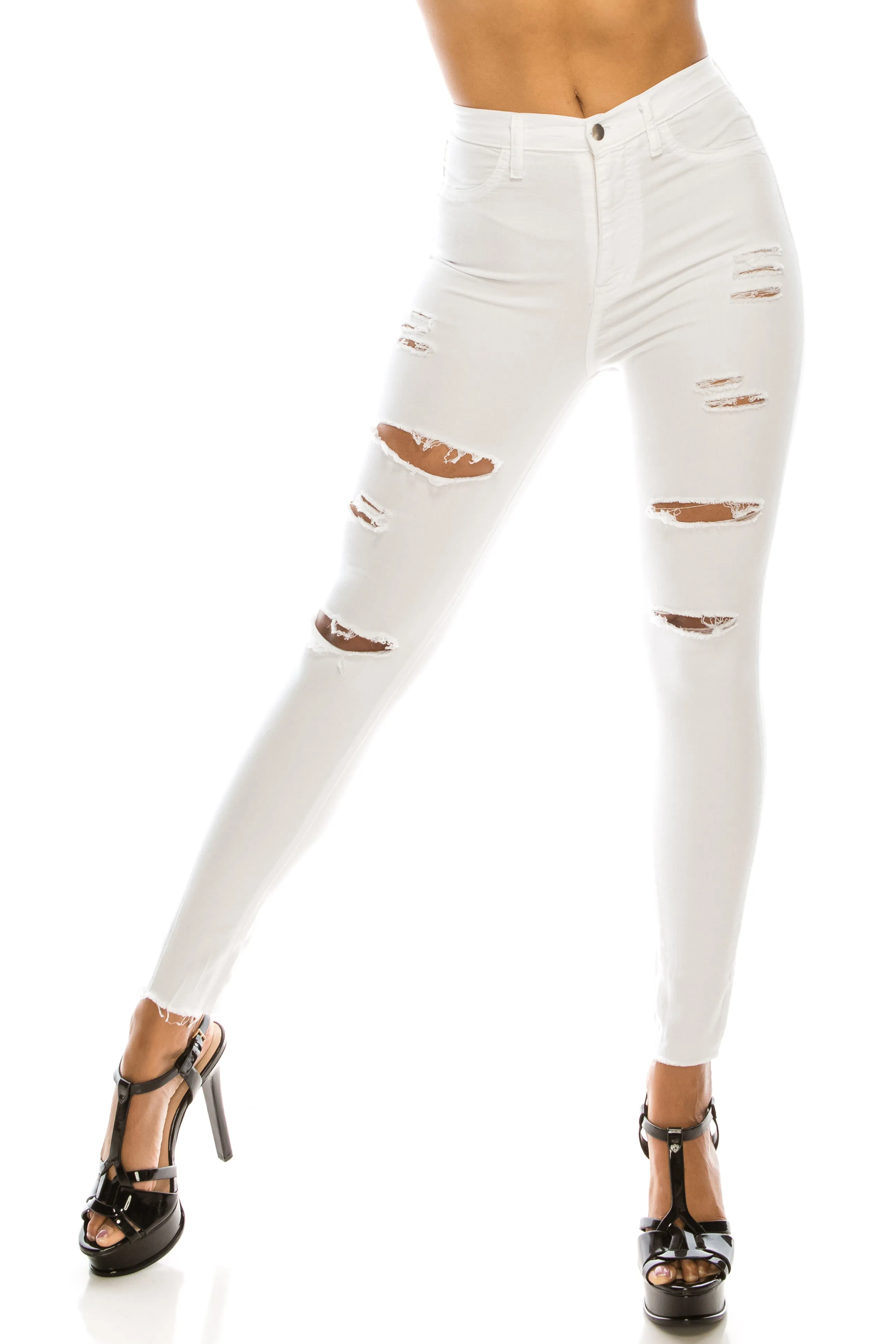 4664 women's Super High Waisted Distressed Skinny Jeans