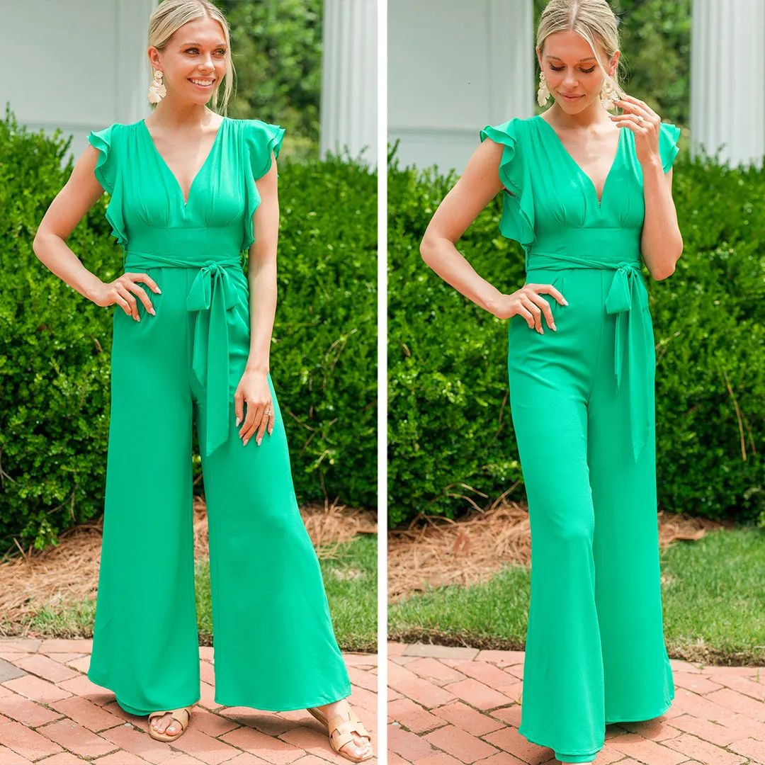 All The Joy Green Ruffled Jumpsuit