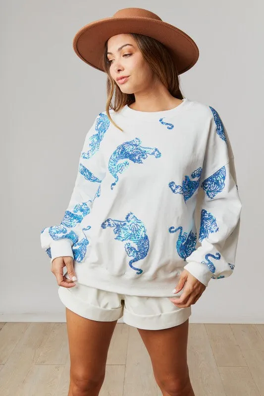 Aqua Animal Print White Sweatshirt