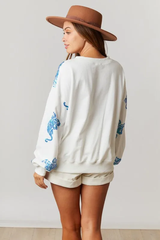 Aqua Animal Print White Sweatshirt