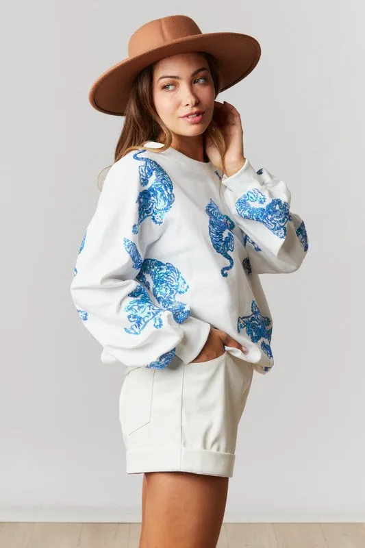 Aqua Animal Print White Sweatshirt