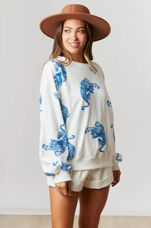 Aqua Animal Print White Sweatshirt