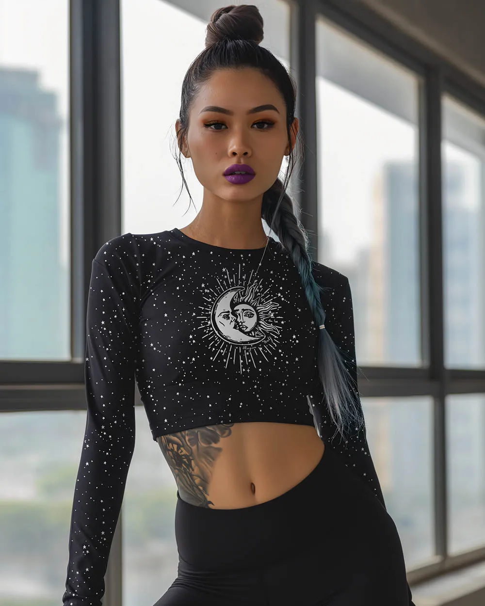 Astral Long Sleeve Crop Top - Cute Black Cropped Tee with UPF 50  Protection, Pagan Gothic Sportwear, Witchy Grunge Activewear