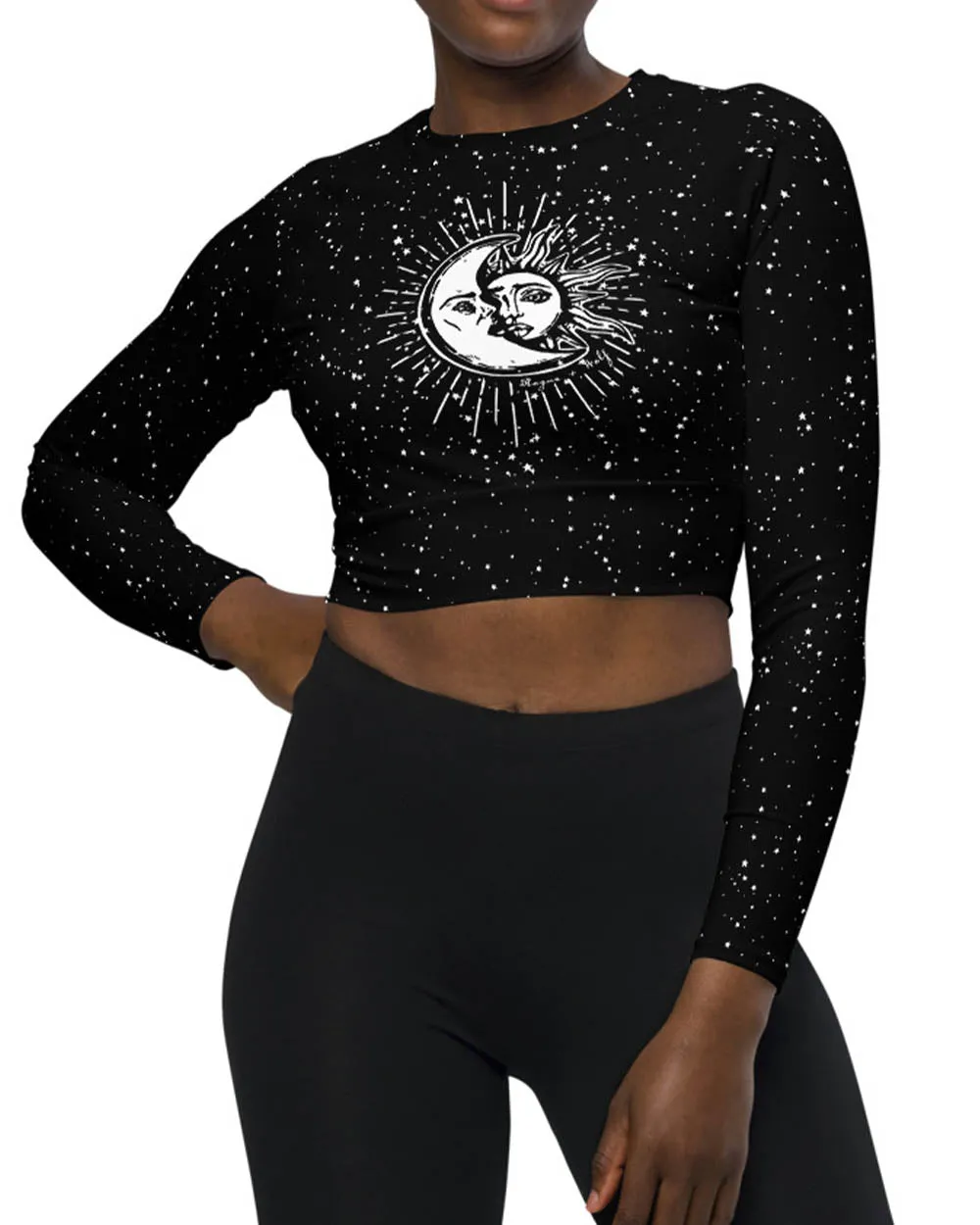 Astral Long Sleeve Crop Top - Cute Black Cropped Tee with UPF 50  Protection, Pagan Gothic Sportwear, Witchy Grunge Activewear