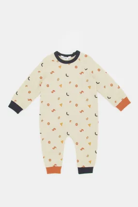 Babies Beige Printed Brushed Fleece Romper