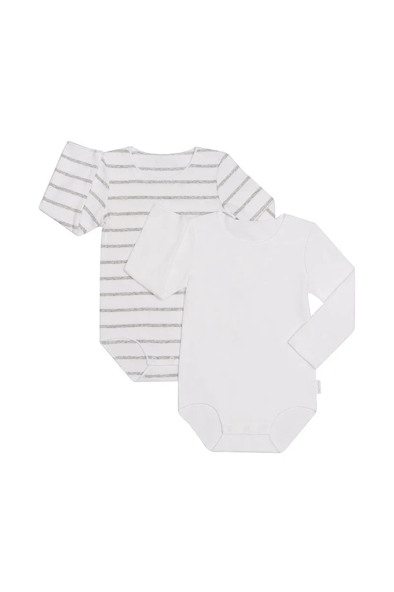 Bonds Rib Long Sleeve Bodysuit 2 Pack - White/White & Grey Stripe