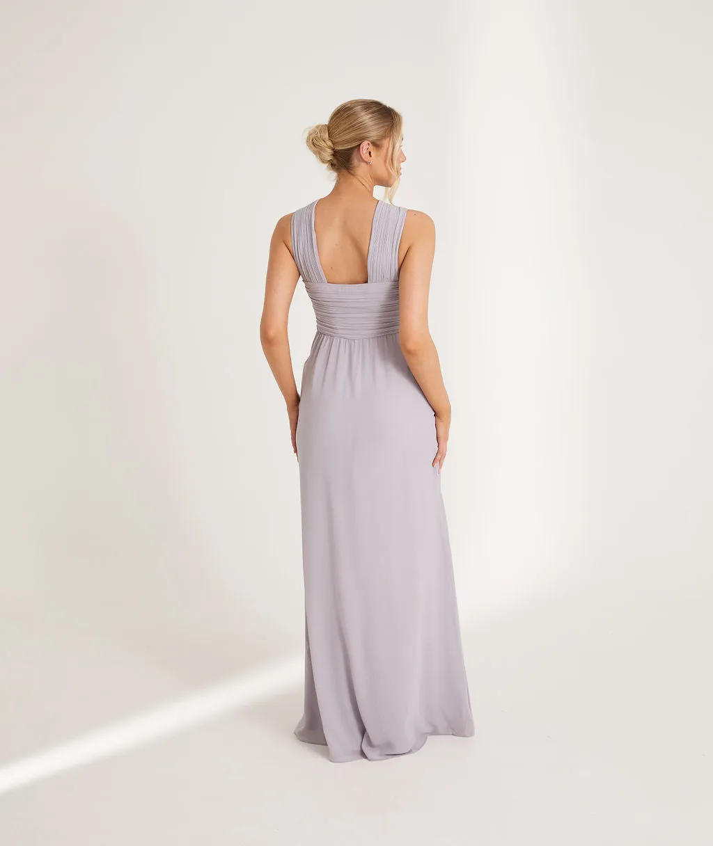 Cross Neck Pleated Waist Chiffon Bridesmaid Dress - Dusty Lilac