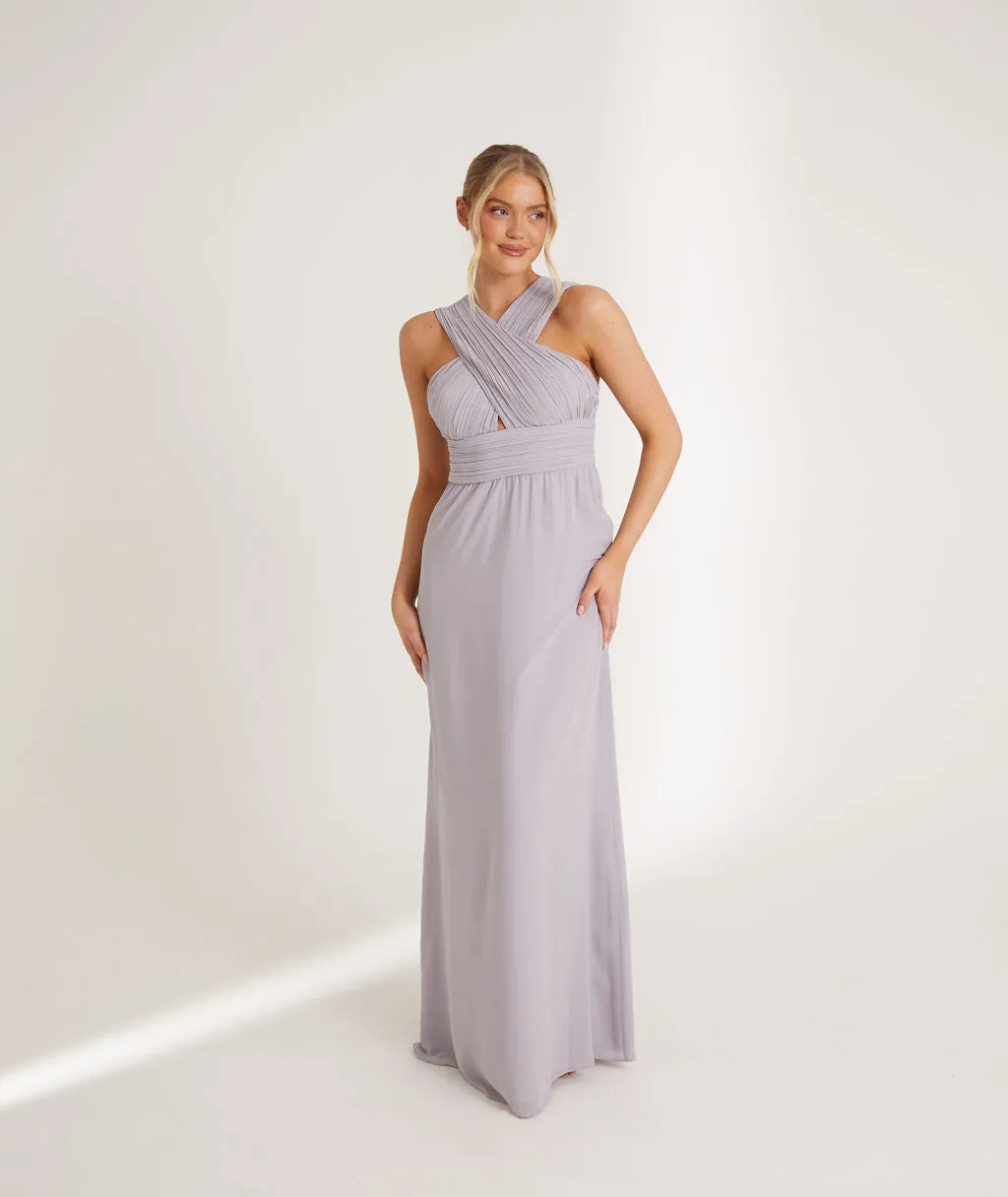 Cross Neck Pleated Waist Chiffon Bridesmaid Dress - Dusty Lilac