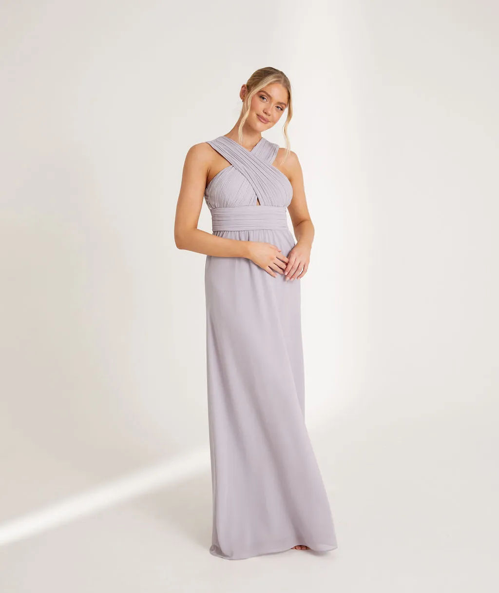 Cross Neck Pleated Waist Chiffon Bridesmaid Dress - Dusty Lilac