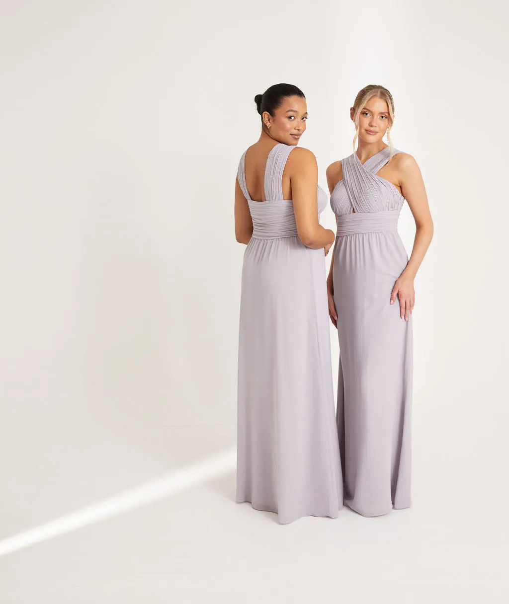 Cross Neck Pleated Waist Chiffon Bridesmaid Dress - Dusty Lilac