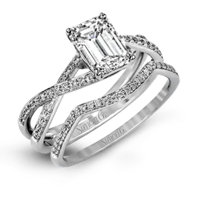 Emerald-cut Criss-cross Engagement Ring & Matching Wedding Band in 18k Gold with Diamonds