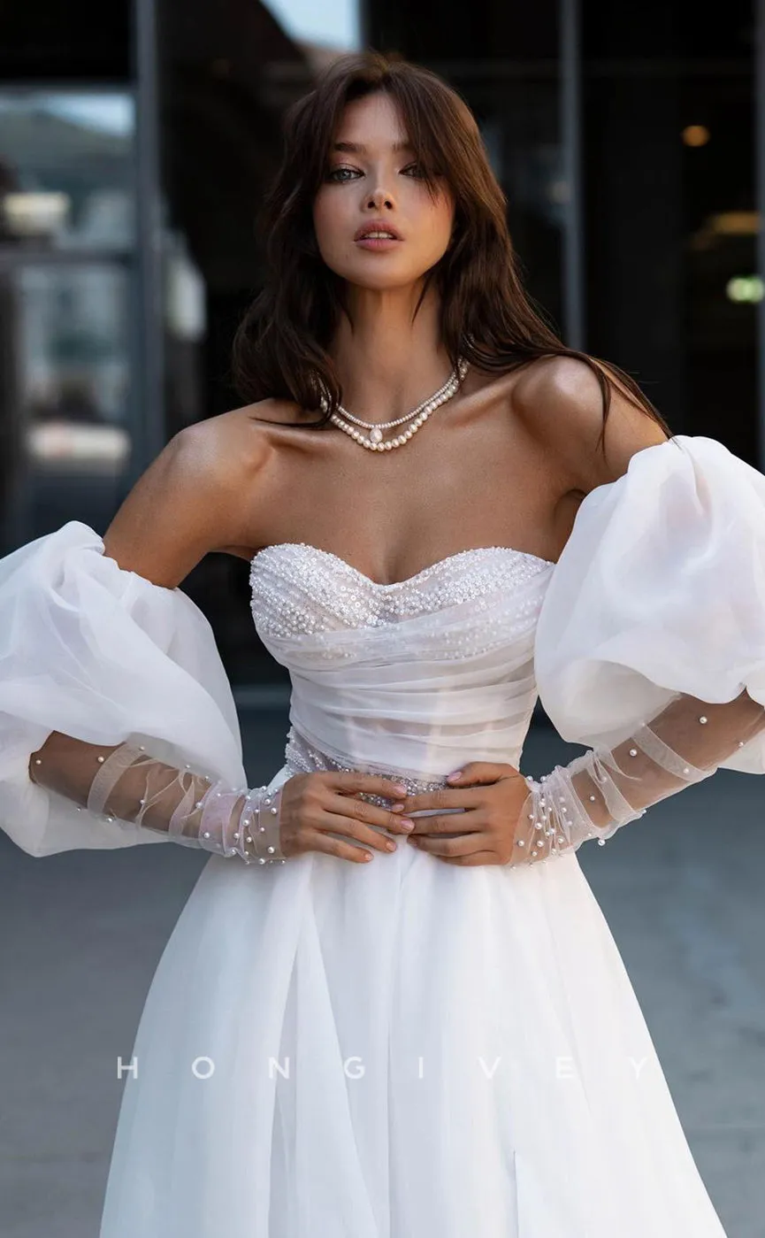 H0883 - Sweet Sheer Beaded Embellished Puff Sleeves With Train And Slit Wedding Dress