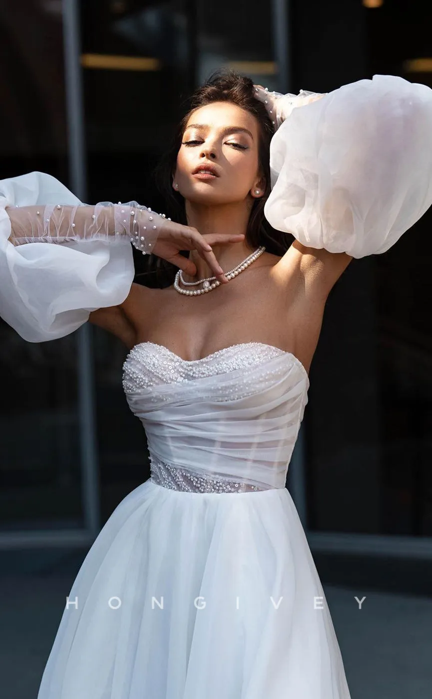 H0883 - Sweet Sheer Beaded Embellished Puff Sleeves With Train And Slit Wedding Dress