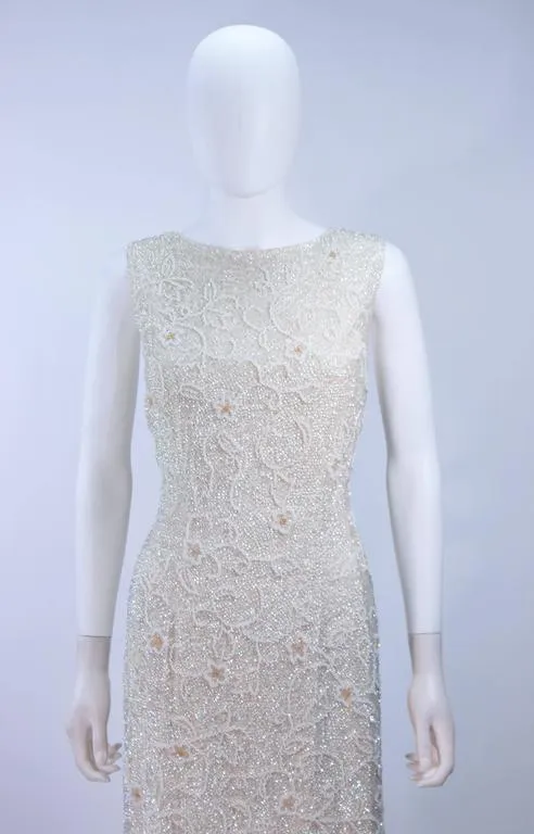 JO RO IMPORTS 1950's White Iridescent Floral Sequin Beaded Gown Wedding Size 14