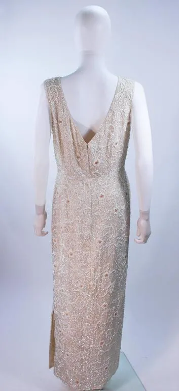 JO RO IMPORTS 1950's White Iridescent Floral Sequin Beaded Gown Wedding Size 14