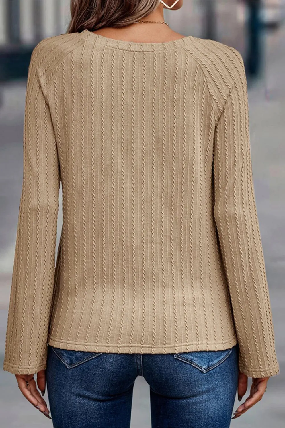 Khaki Ribbed Round Neck Knit Long Sleeve Top