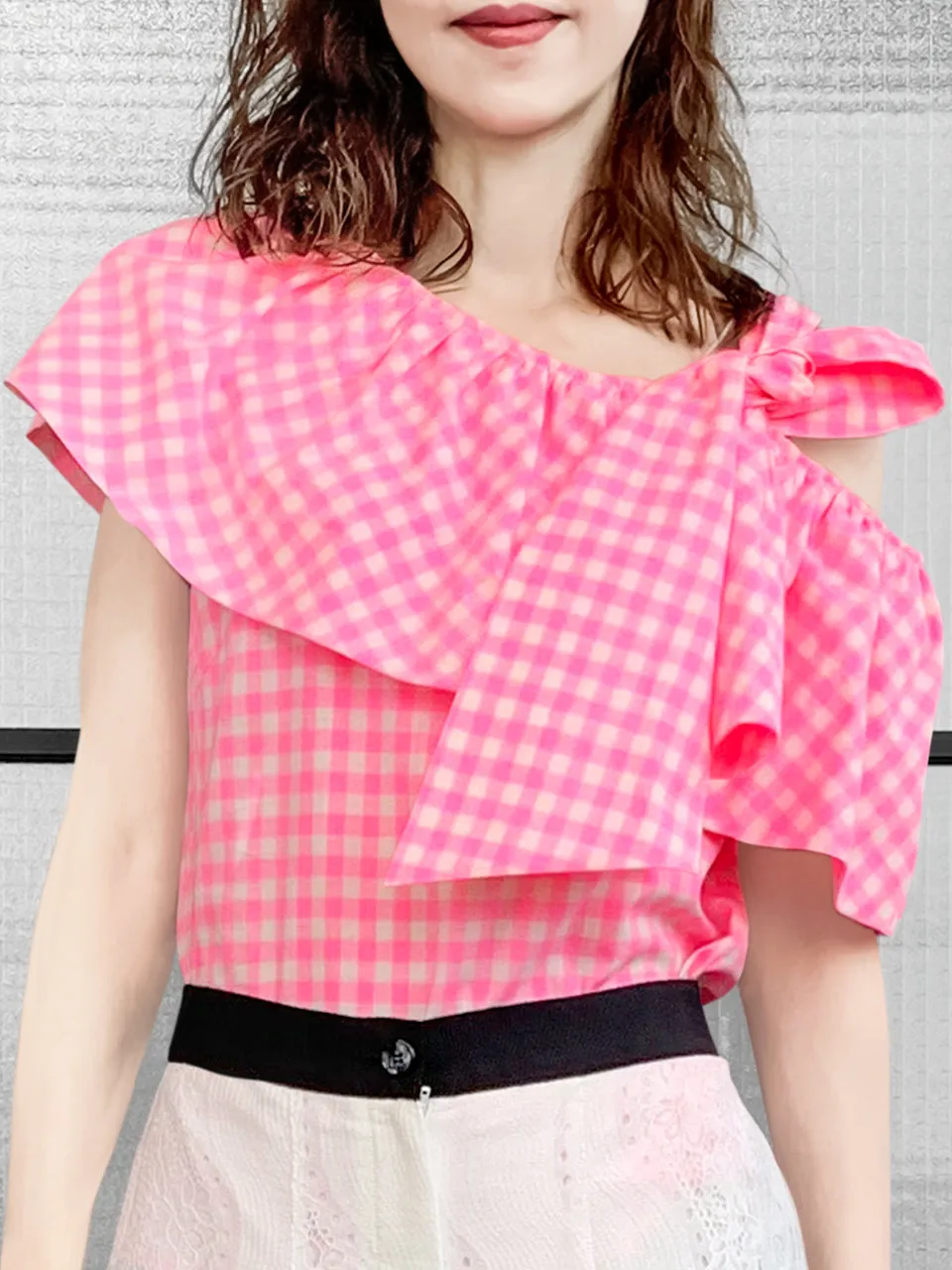 Last Chance! Pink Check Asymmetrical Stripe One-Shoulder Ruffled 2-way Top