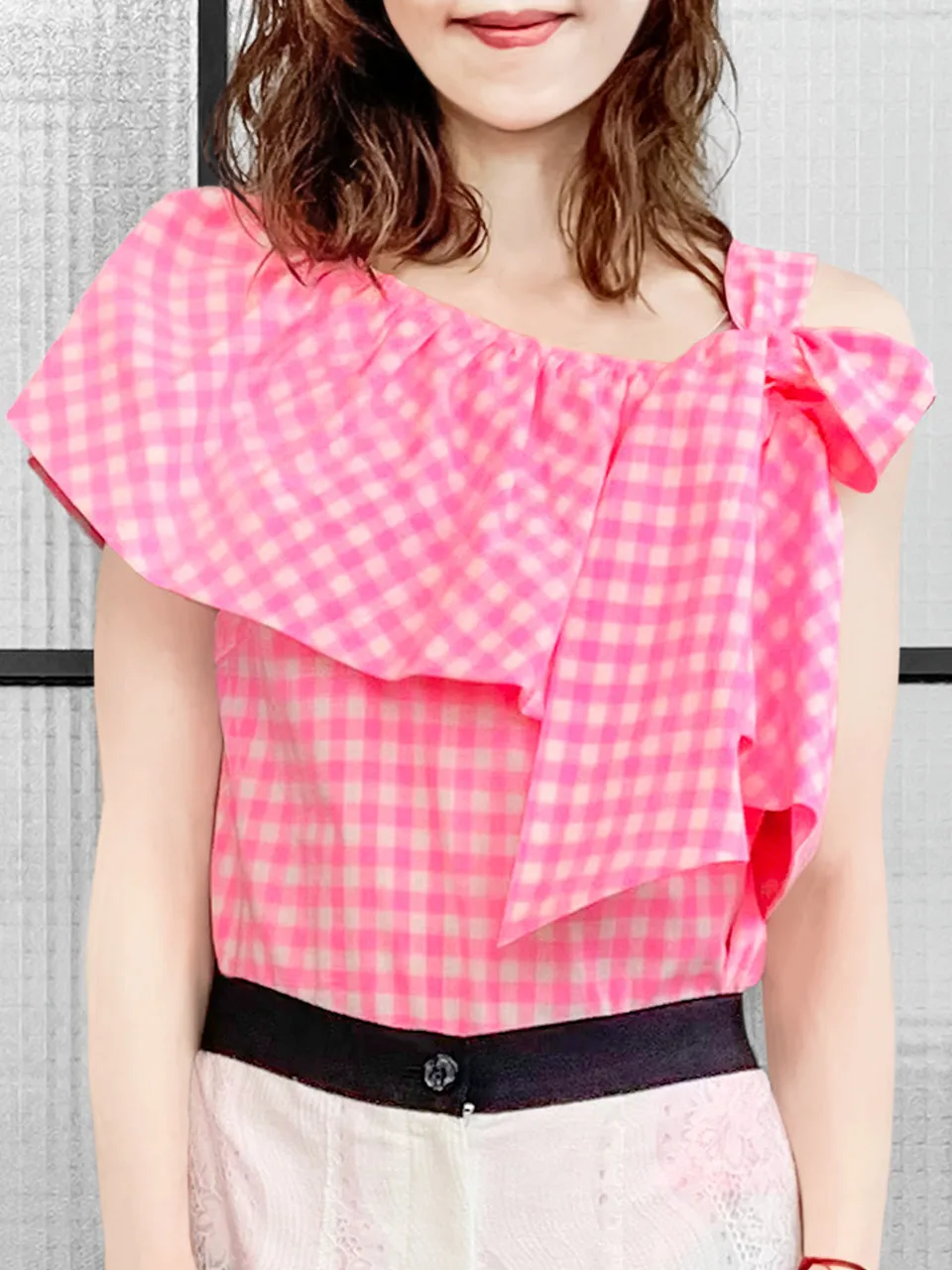 Last Chance! Pink Check Asymmetrical Stripe One-Shoulder Ruffled 2-way Top