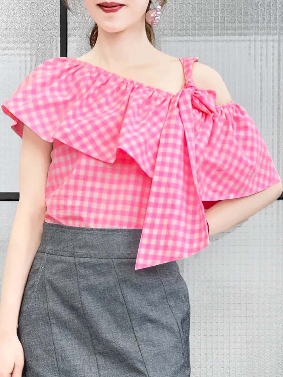 Last Chance! Pink Check Asymmetrical Stripe One-Shoulder Ruffled 2-way Top