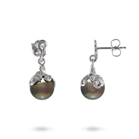 Living Heirloom Tahitian Black Pearl Earrings in White Gold with Diamonds - 9-10mm