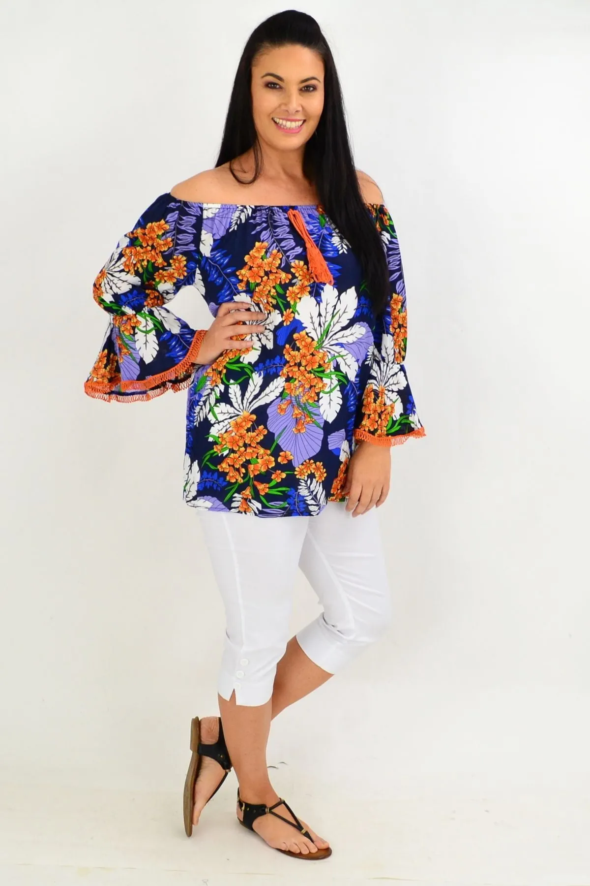 Navy Orange Tropical Off shoulder Tunic Top