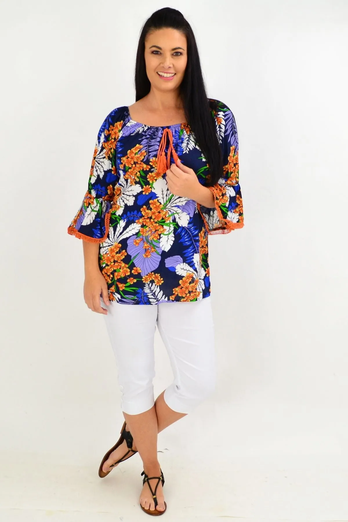 Navy Orange Tropical Off shoulder Tunic Top