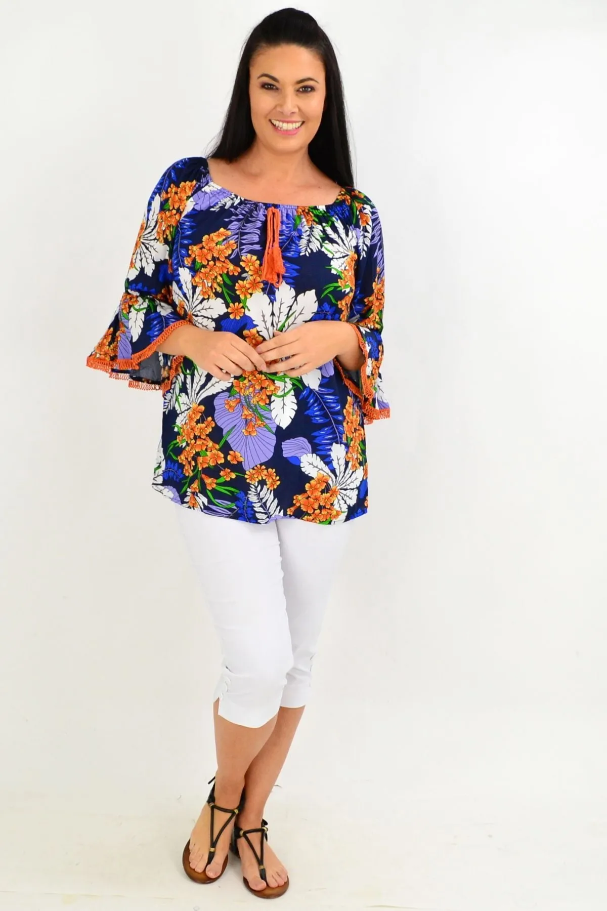 Navy Orange Tropical Off shoulder Tunic Top