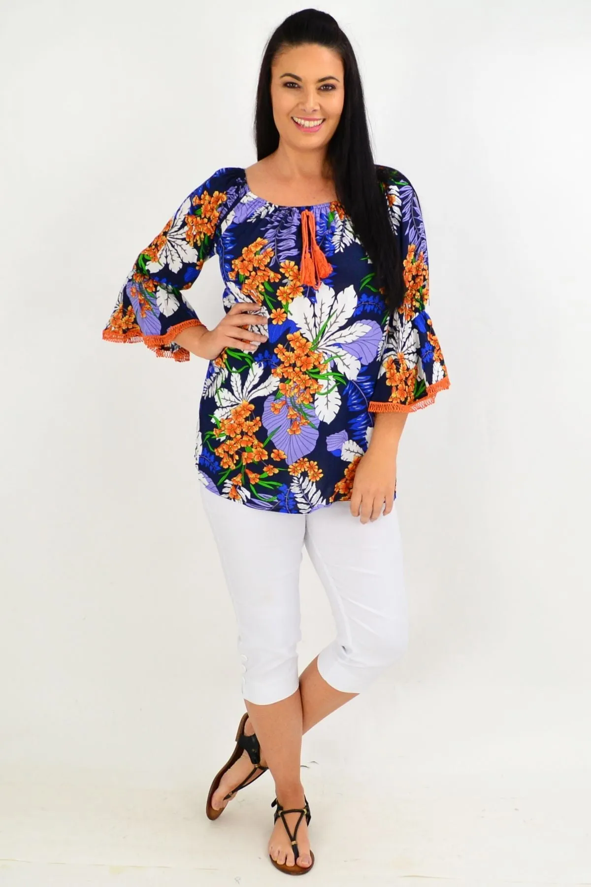 Navy Orange Tropical Off shoulder Tunic Top