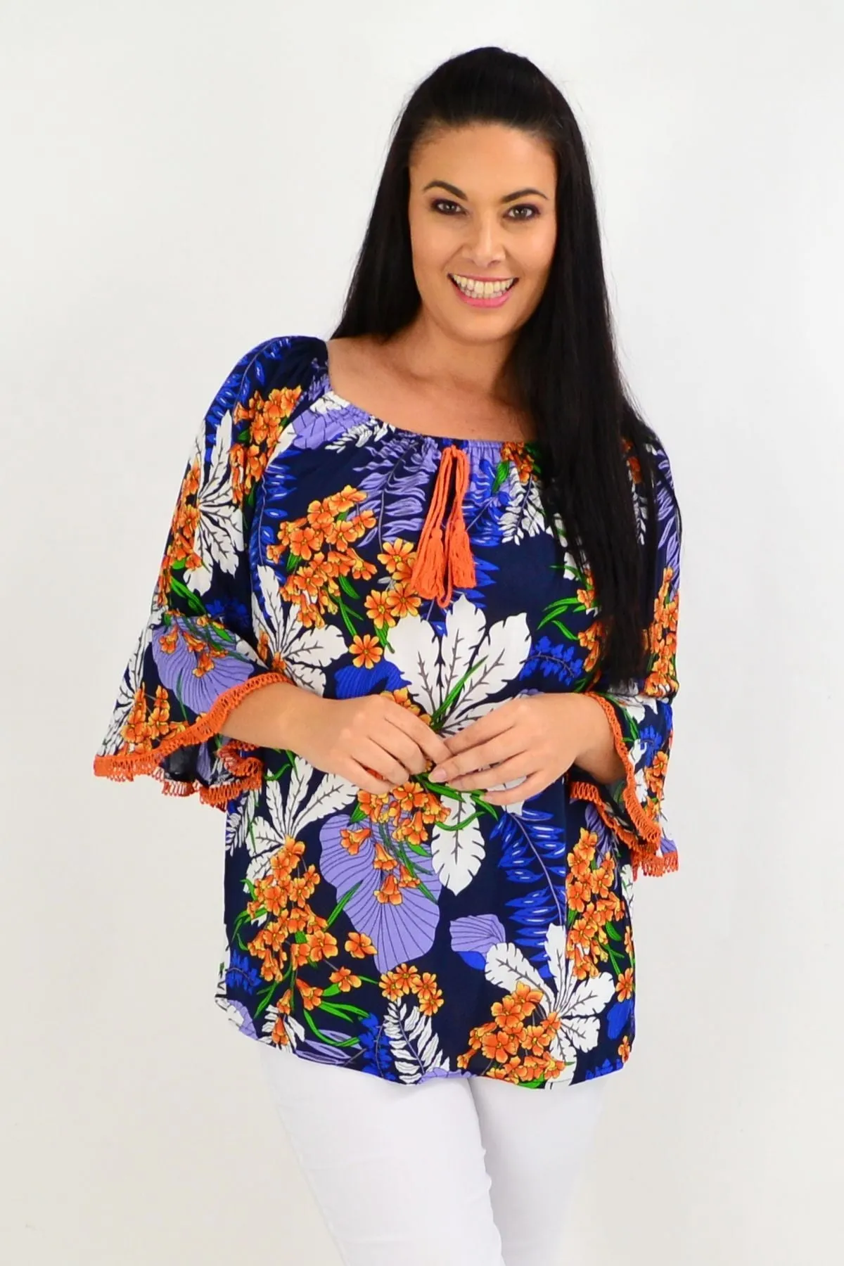 Navy Orange Tropical Off shoulder Tunic Top