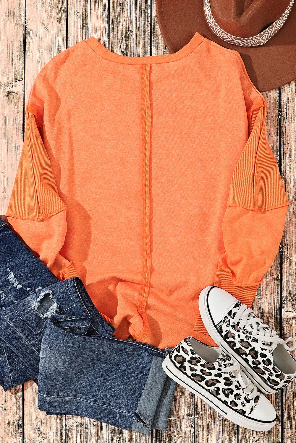 Orange Exposed Seamed High Low Raw Edge Sweatshirt