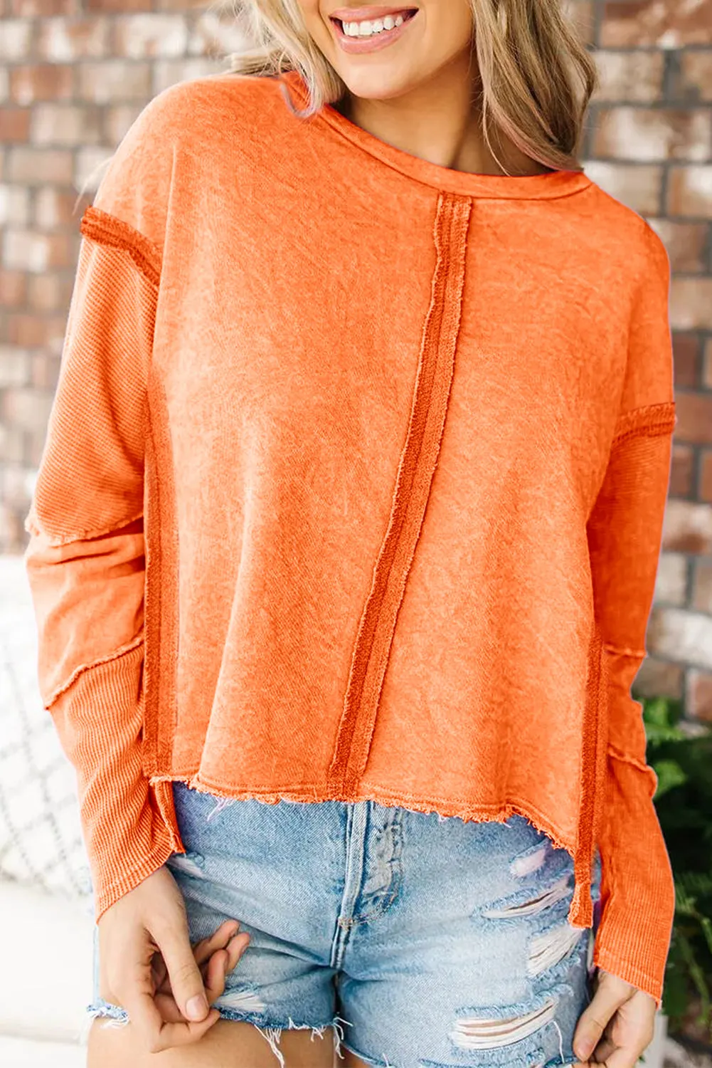 Orange Exposed Seamed High Low Raw Edge Sweatshirt