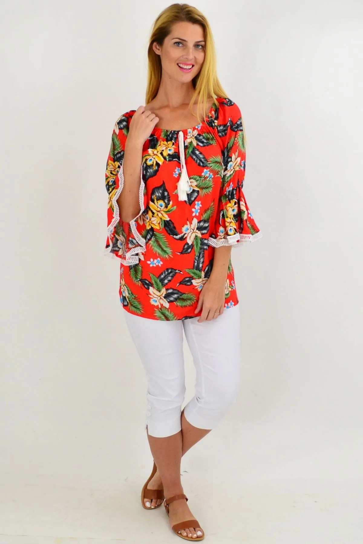 Orange Tropical Tassel Off shoulder Tunic Top