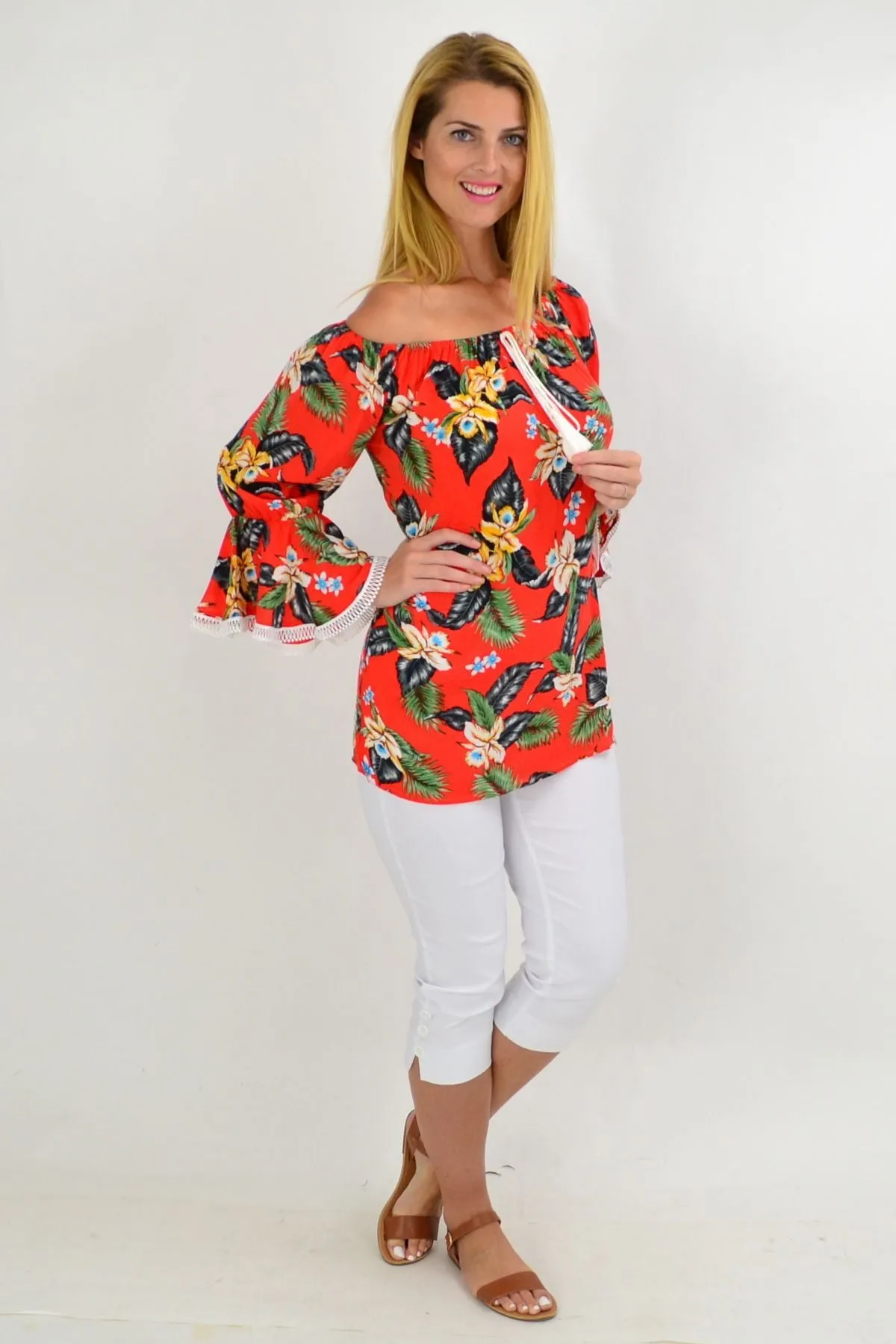 Orange Tropical Tassel Off shoulder Tunic Top