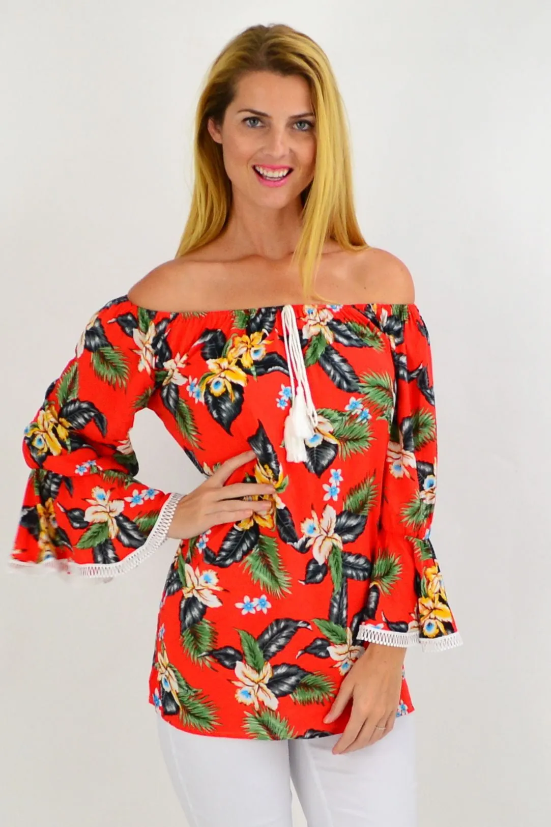 Orange Tropical Tassel Off shoulder Tunic Top