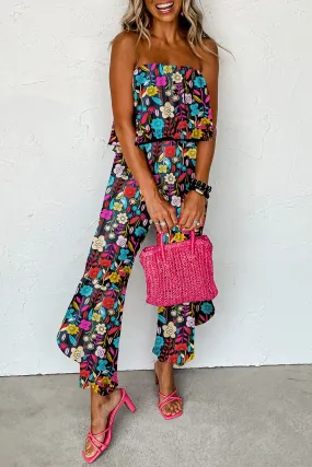 Red Mix Tropical Print Strapless Ruffled Jumpsuit