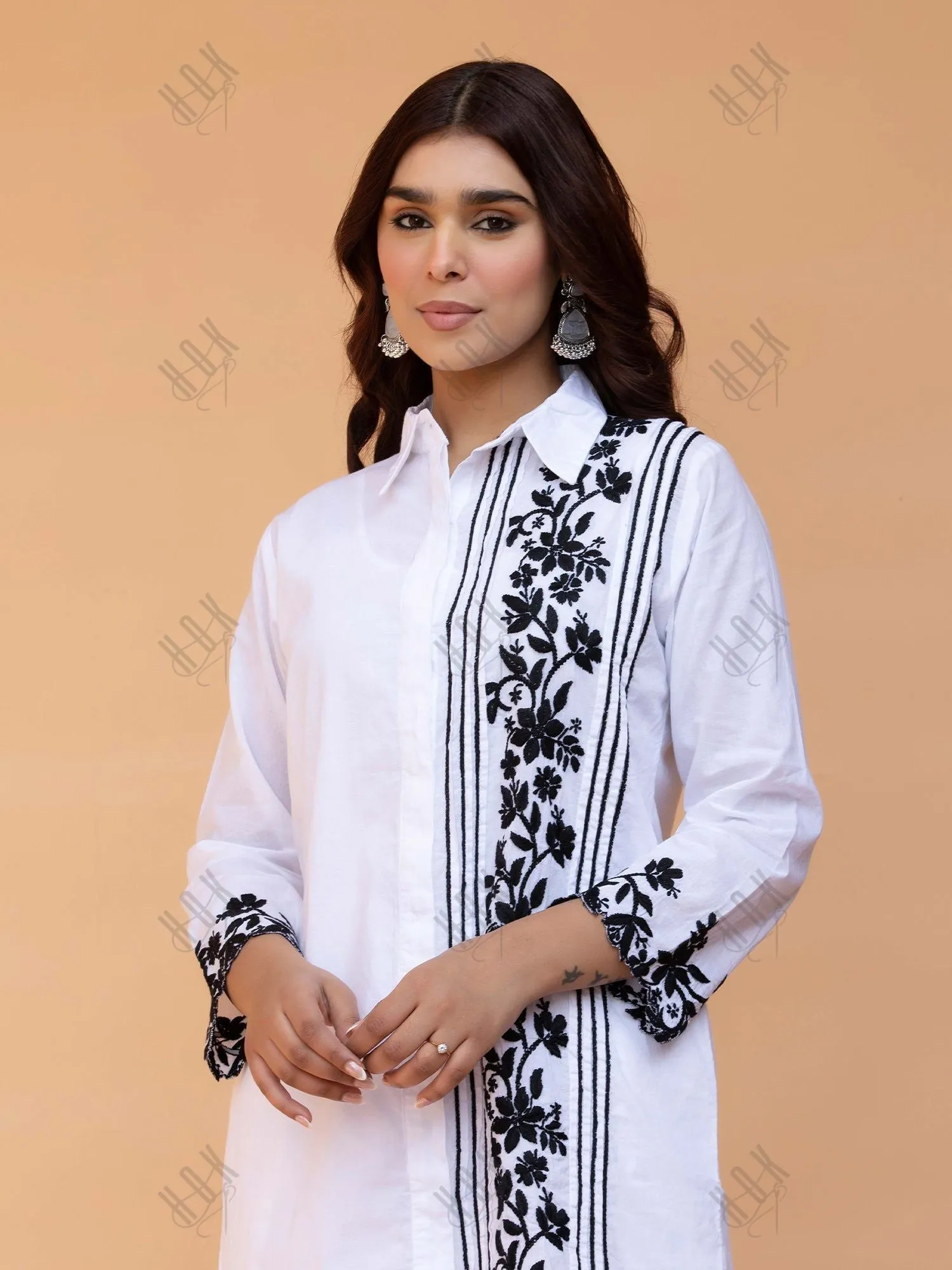 Saba Chikankari Co-ord Set in Cotton Cambric - White With Black