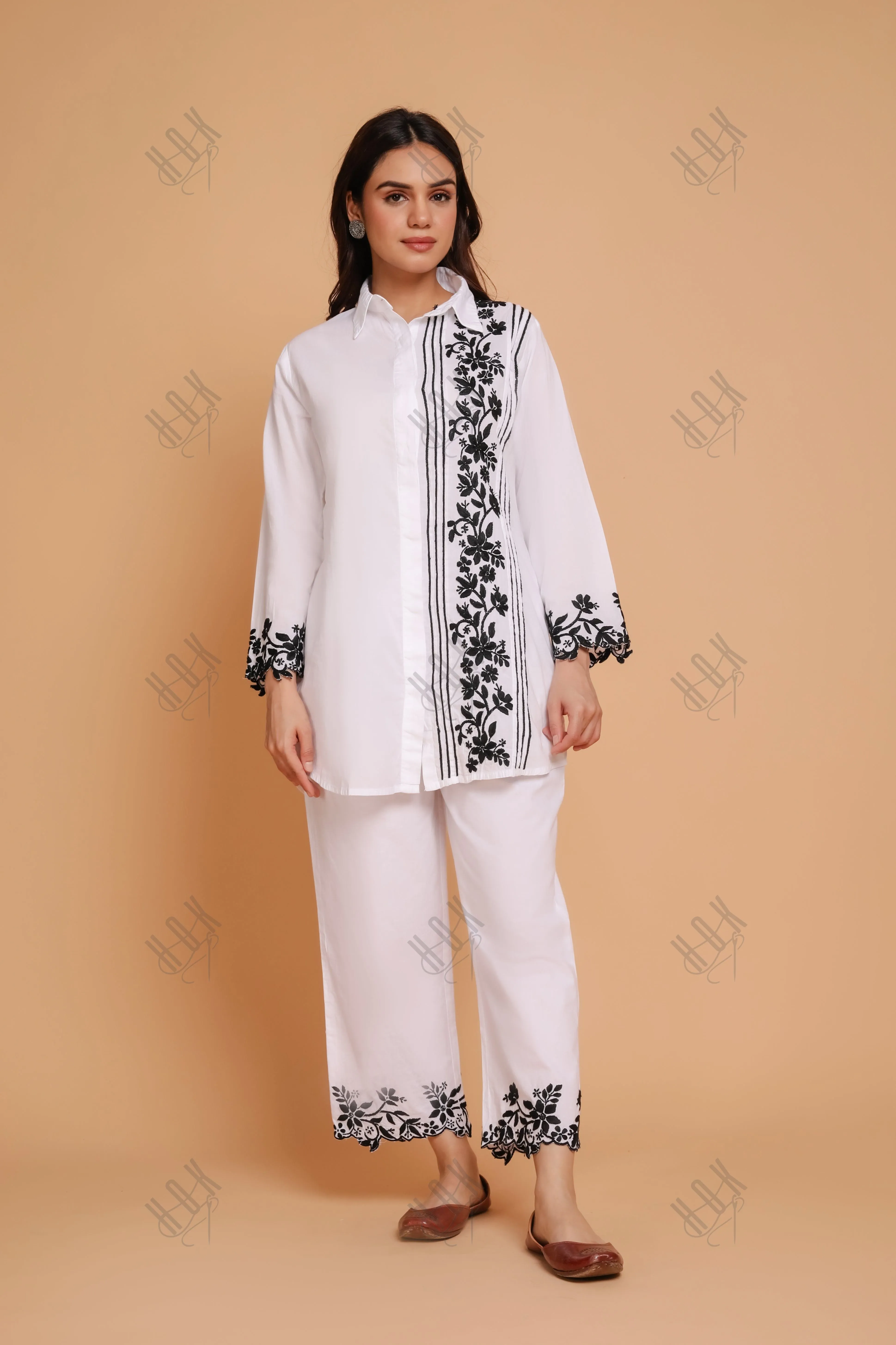 Saba Chikankari Co-ord Set in Cotton Cambric - White With Black