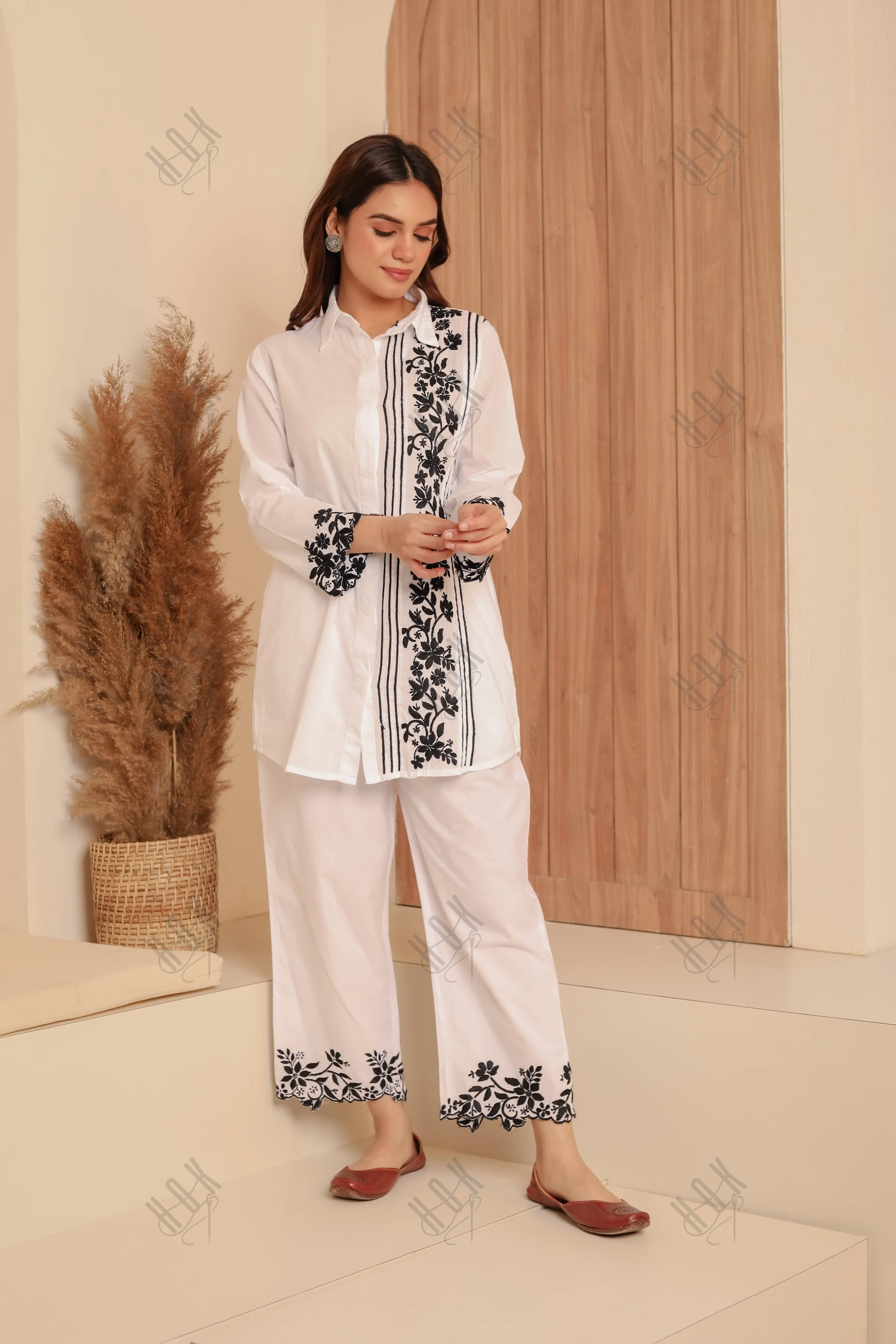 Saba Chikankari Co-ord Set in Cotton Cambric - White With Black