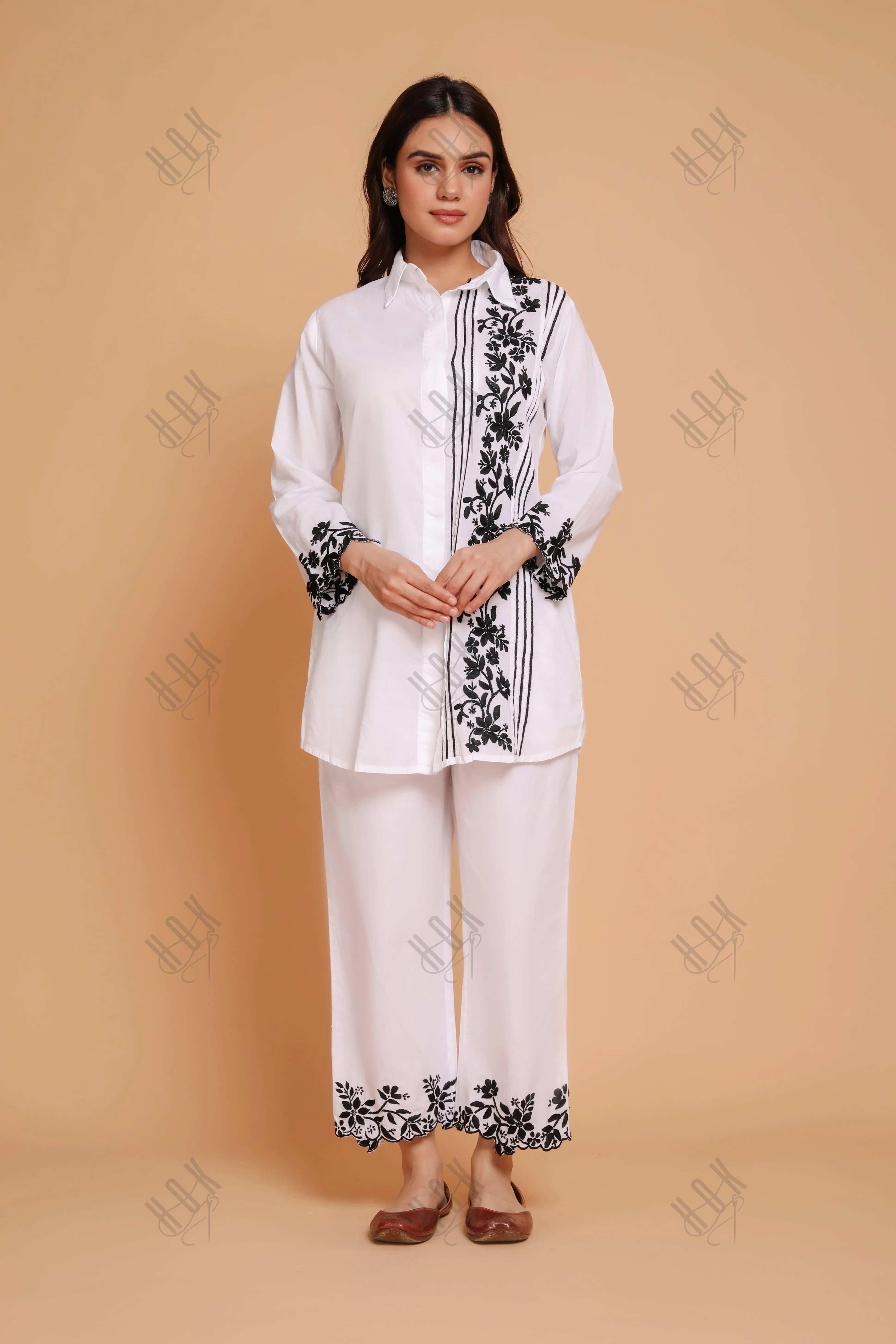 Saba Chikankari Co-ord Set in Cotton Cambric - White With Black