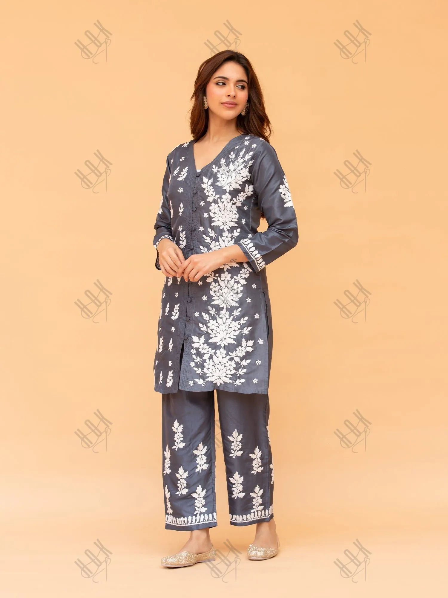 Saba Chikankari Kurta Set in Habutai Silk - Grey