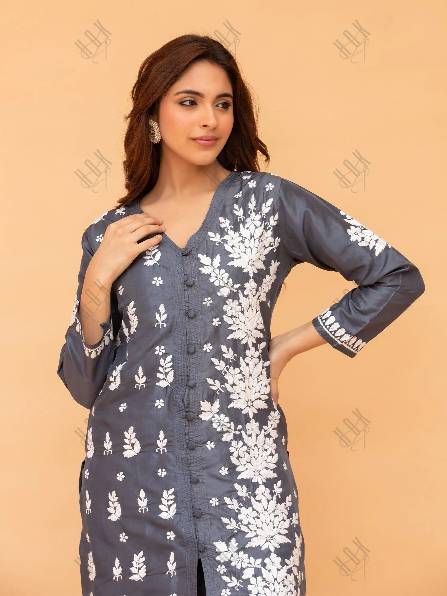 Saba Chikankari Kurta Set in Habutai Silk - Grey