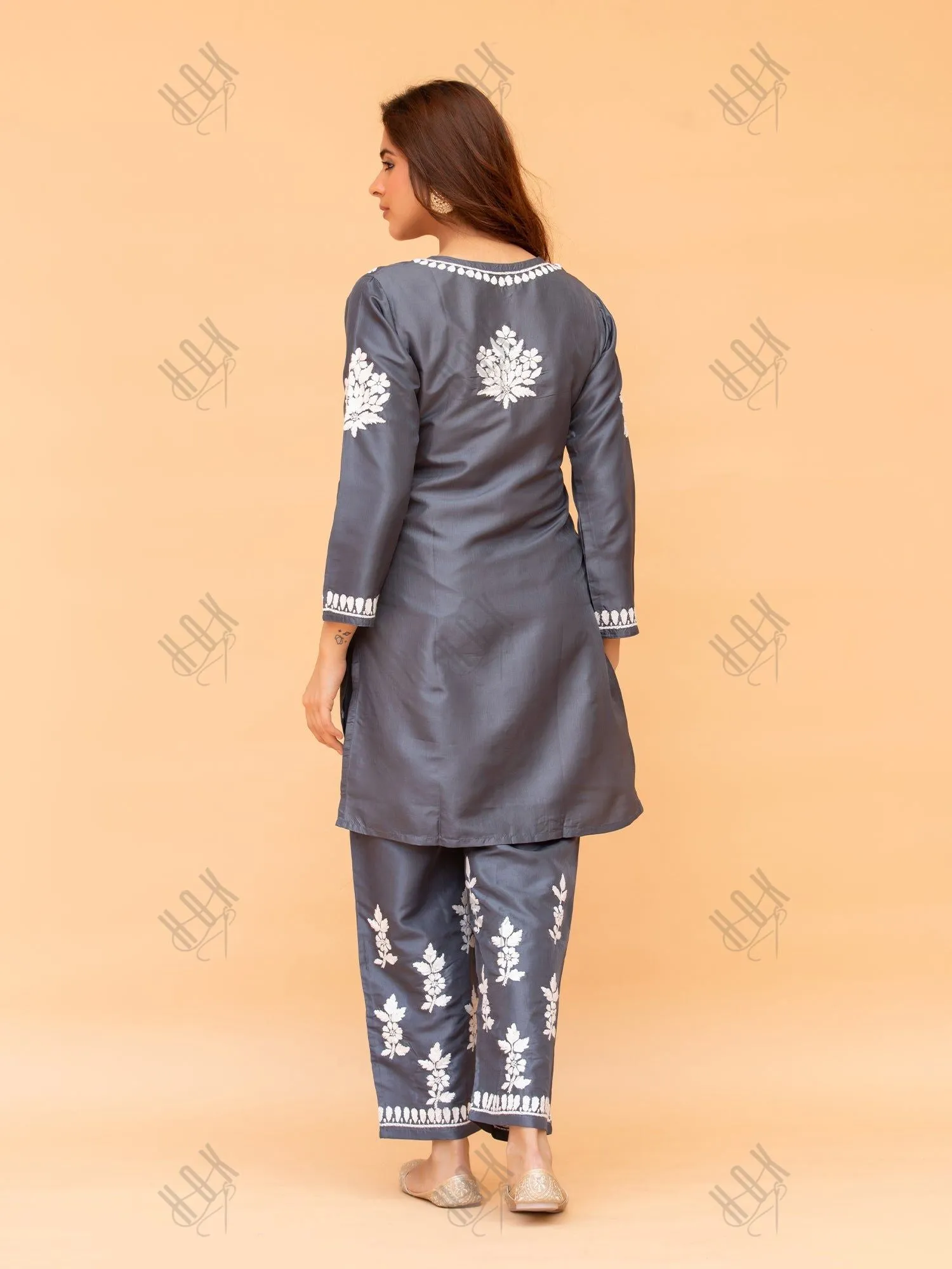 Saba Chikankari Kurta Set in Habutai Silk - Grey