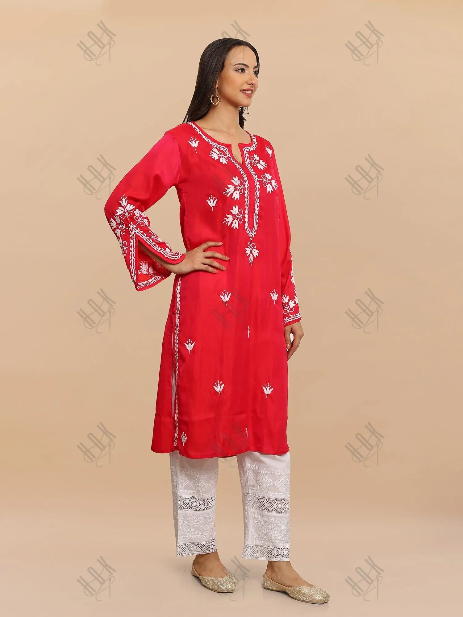 Saba Chikankari Long Kurta in Barfi Silk - Red