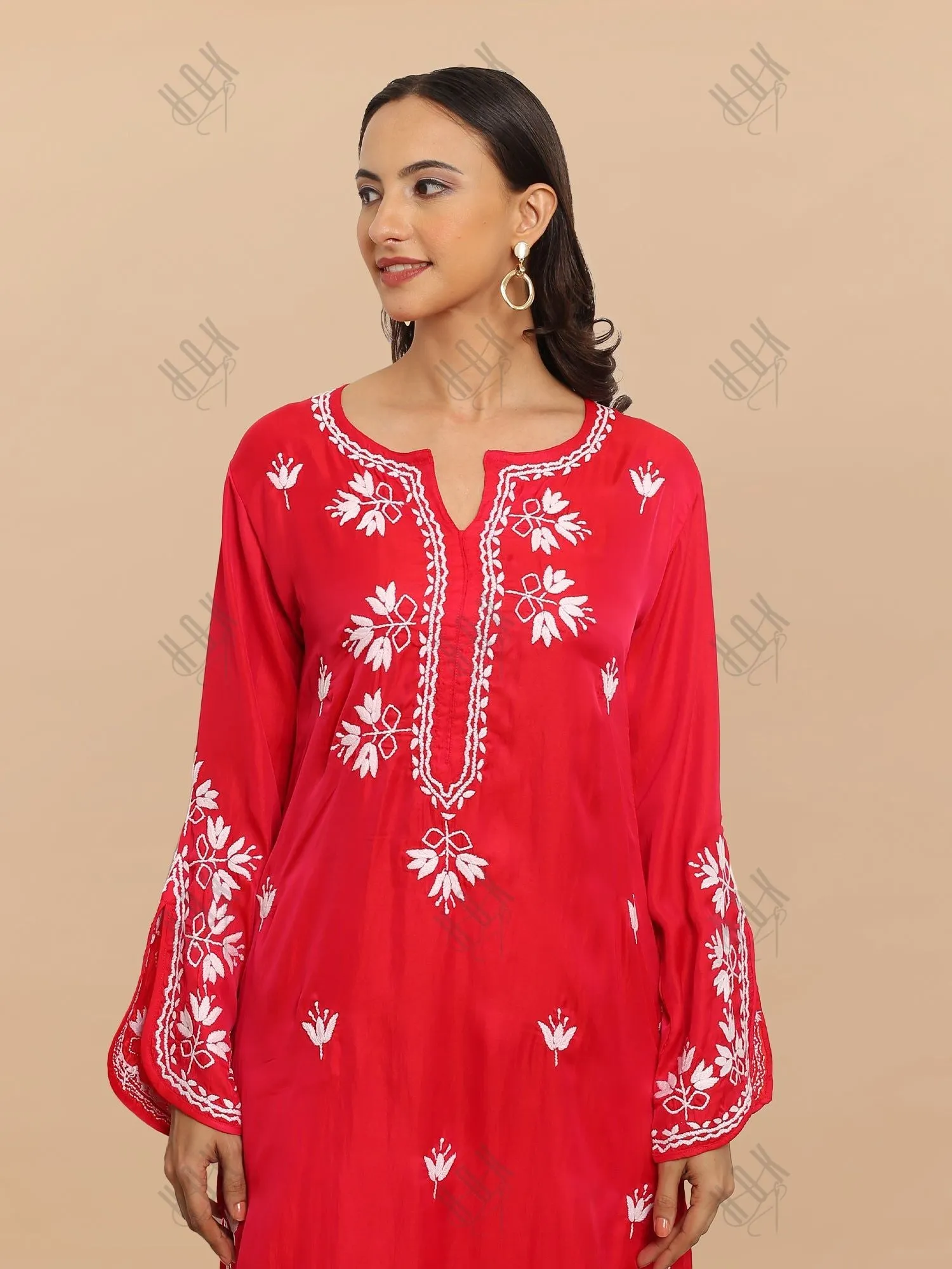 Saba Chikankari Long Kurta in Barfi Silk - Red