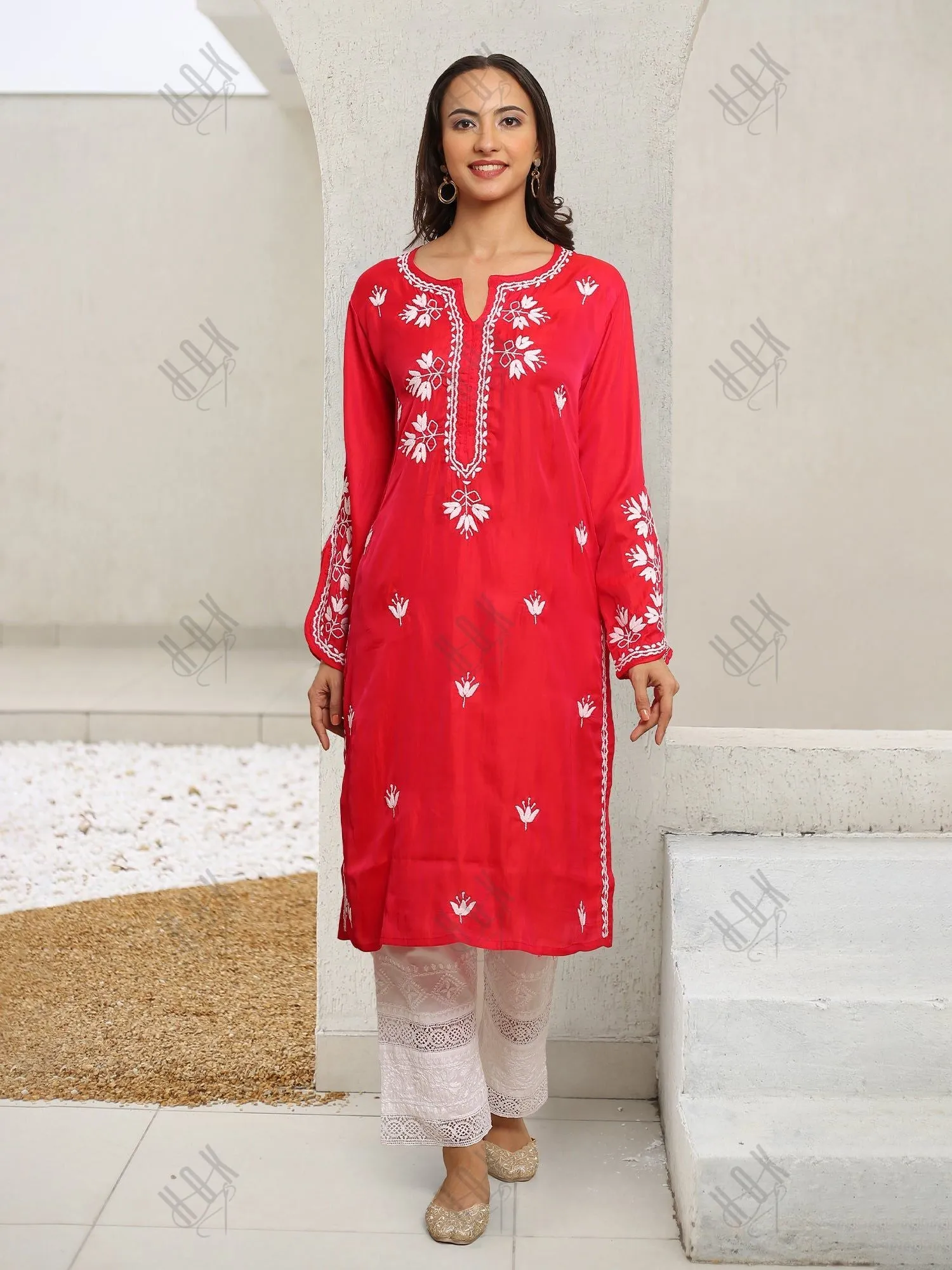 Saba Chikankari Long Kurta in Barfi Silk - Red