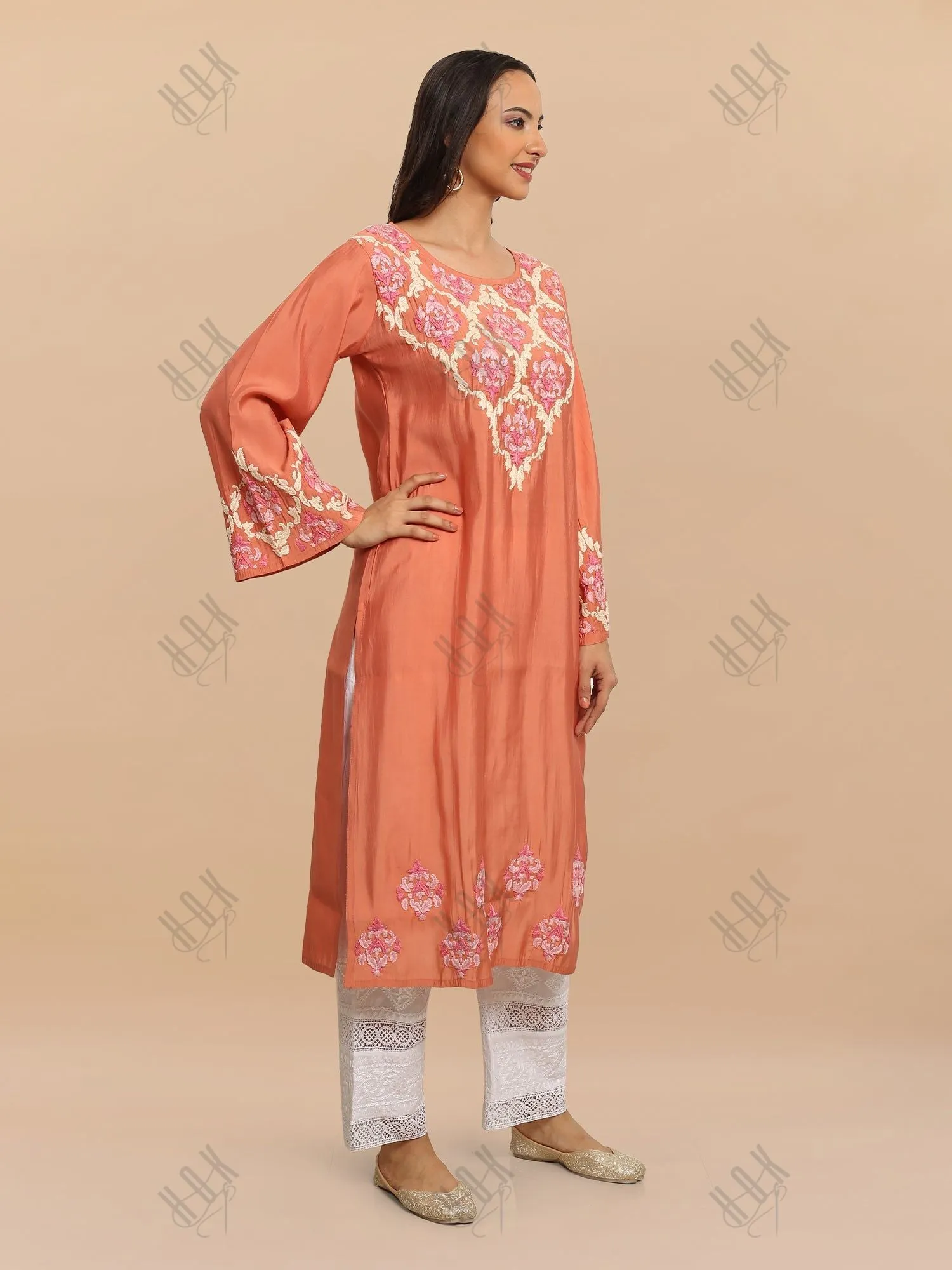 Sakshi in Saba Chikankari Long Kurta in Modal Silk - Peach