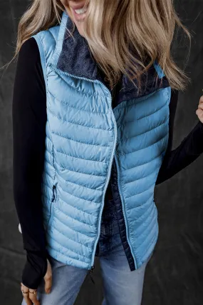 Sky Blue Plush Collared Quilted Zipped Puffer Vest