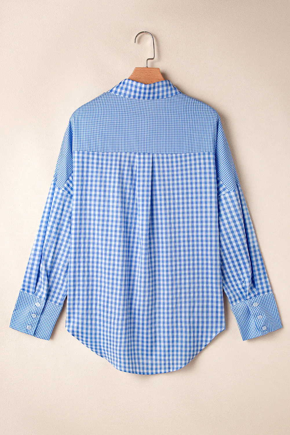 Sky Blue Stripe Plaid Patchwork Button up Long Sleeve Shirt