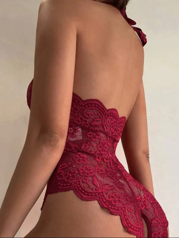 Women's Sexy Lace Embroidered Lingerie Halter Neck Bodysuit With Front Cut Out Design